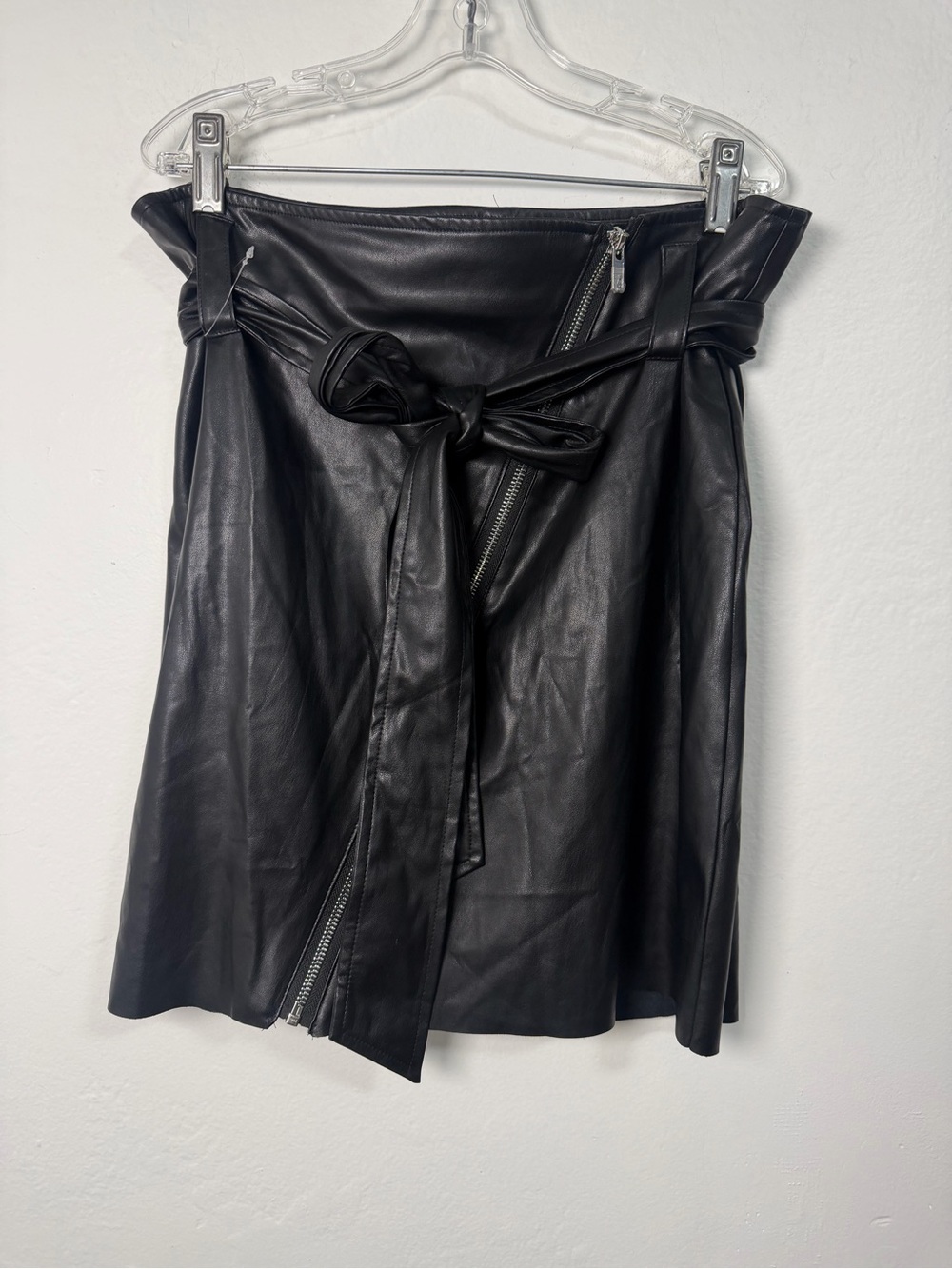 Rachel Rachel Roy Black Faux Leather Wrap Mini Skirt Belted Asym Zip NWT Size 10